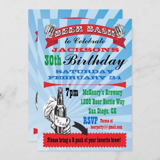 Bier Bash Geburtstagsparty Einladungen (Vorne/Hinten)