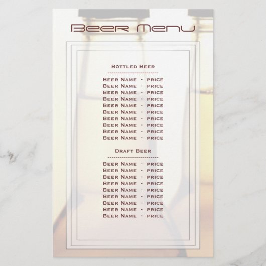 Bier Bottle Beer Menü (Vorderseite)