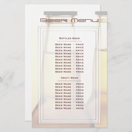 Bier Bottle Beer Menü (Vorne/Hinten)