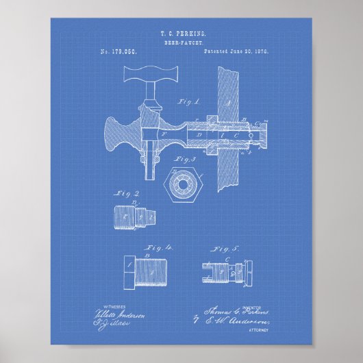 Bier Faucet 1876 Patent Art Blueprint Poster (Vorne)