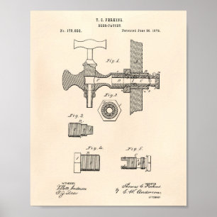 Bier Faucet 1876 Patent Art Old Peper Poster