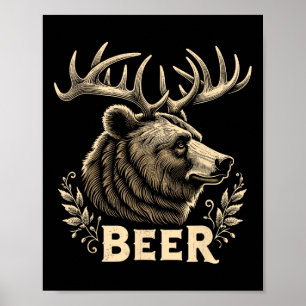 Bier Funny Vintag Design Bär mit Hirschantler F Poster