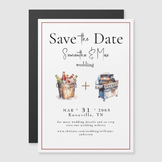Bier & GRILLEN Hochzeit Sichern Sie das Datum Magneteinladung (Vorne/Hinten)