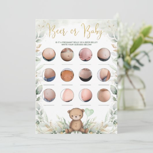 Bier oder Baby Bly Teddy Bear Greenery Duschgame Einladung (Stehend Vorderseite)