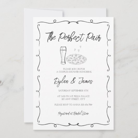 Bier & Pizza Perfekte Paare handgezogene Paare Einladung (Vorderseite)