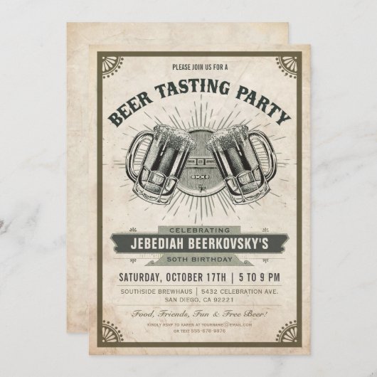 Bier-Probieren-Einladung | Vintages Retro Einladung (Vorne/Hinten)