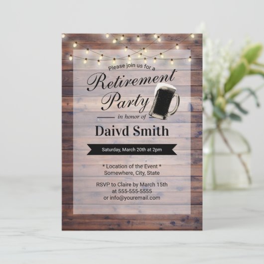 Bier Rentirement Party String Lights Rustikales Ho Einladung (Stehend Vorderseite)