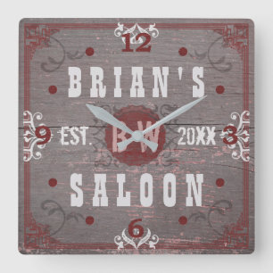 Bier Saloon Home Bar Rot Grau Personalisiert Quadratische Wanduhr