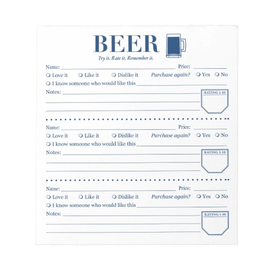 Bier-Tracker, Bier-Lover-Trinkblatt Notizblock (Vorderseite)