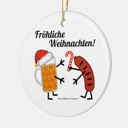 Bier u. Bratwurst - Fröhliche Weihnachten! Keramikornament (Links)