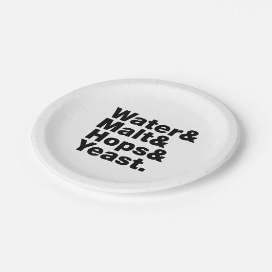 Bier = Wasser & Malt & Hopfen & Hefe. Pappteller (Schrägansicht)