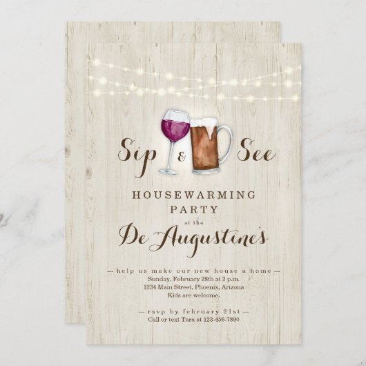 Bier & Wein Sip and See Housewarming Party Einladung (Vorne/Hinten)