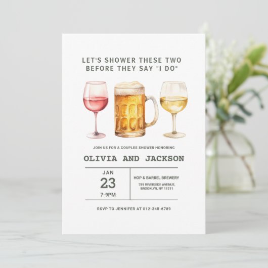 Bier Wine Brewery Watercolor Paare Dusche Einladung (Stehend Vorderseite)