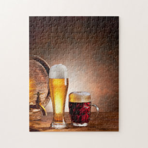 Bierfass mit Bierbrille auf einem Holztisch 2 Puzzle