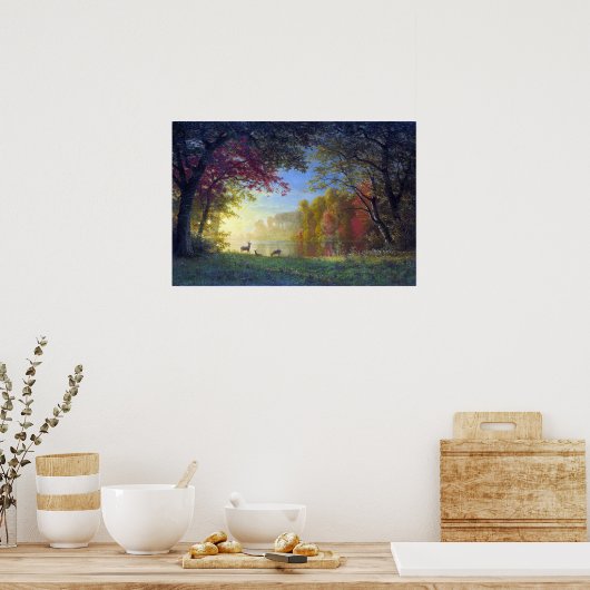 Bierstadt - Indischer Sonnenuntergang Hirsche an e Poster (Küche)