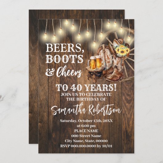 Bierstiefel & Cheers Sonnenblumen Western Geburtst Einladung (Vorne/Hinten)