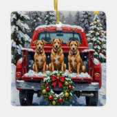 Biewer Terrier Christmas Red Truck Holiday Keramikornament (Vorderseite)