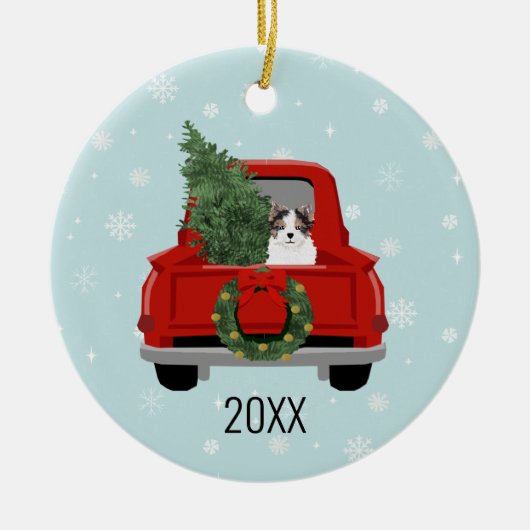 Biewer Terrier Christmas Red Truck Keramik Ornament (Vorne)