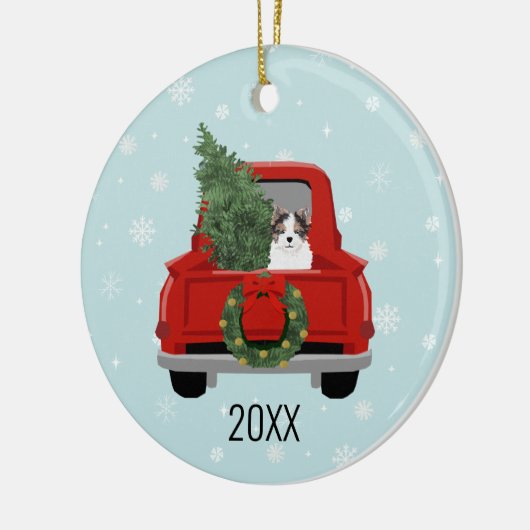 Biewer Terrier Christmas Red Truck Keramik Ornament (Links)