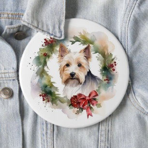 Biewer Terrier Christmas Wreath Festive Pup Button