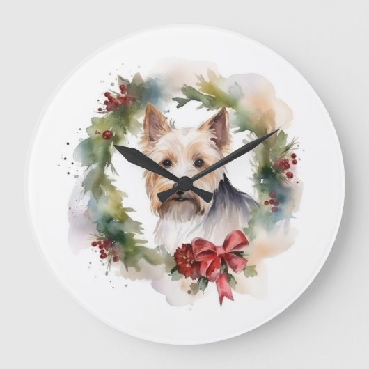 Biewer Terrier Christmas Wreath Festive Pup Große Wanduhr (Vorderseite)