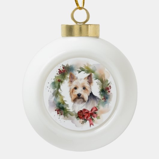 Biewer Terrier Christmas Wreath Festive Pup Keramik Kugel-Ornament (Vorderseite)