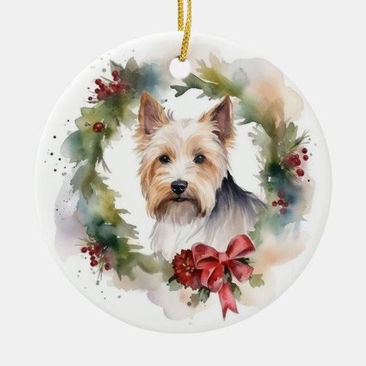 Biewer Terrier Christmas Wreath Festive Pup Keramik Ornament (Vorne)