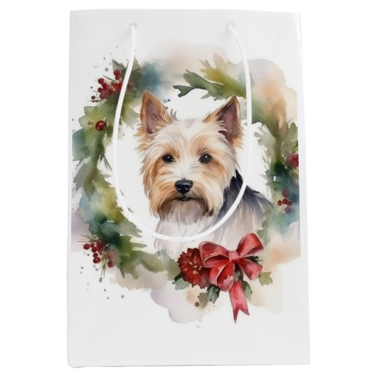 Biewer Terrier Christmas Wreath Festive Pup Mittlere Geschenktüte (Vorderseite)