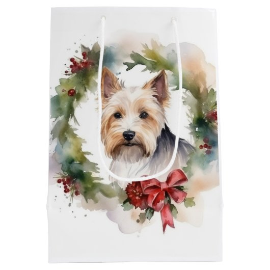 Biewer Terrier Christmas Wreath Festive Pup Mittlere Geschenktüte (Rückseite)