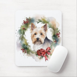 Biewer Terrier Christmas Wreath Festive Pup Mousepad