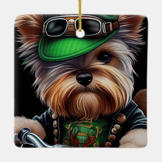 Biewer Terrier Dog Autofahrrad St. Patrick's Day Keramikornament (Rückseite)