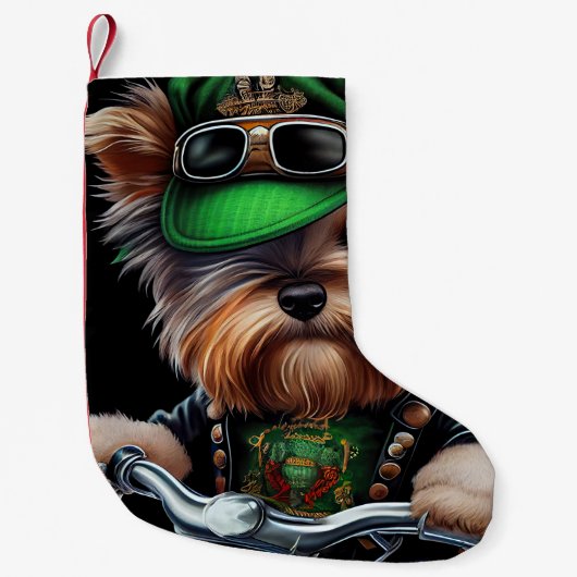 Biewer Terrier Dog Autofahrrad St. Patrick's Day Kleiner Weihnachtsstrumpf (Vorderseite)