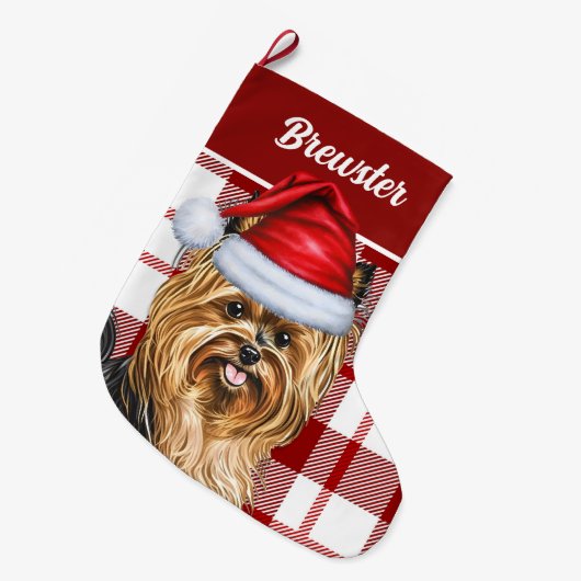 Biewer Terrier Dog Holiday Red Kariert Dog Name Großer Weihnachtsstrumpf (Vorderansicht (hängend))