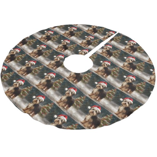 Biewer Terrier Dog in Schneehocht Polyester Weihnachtsbaumdecke (Schrägansicht)