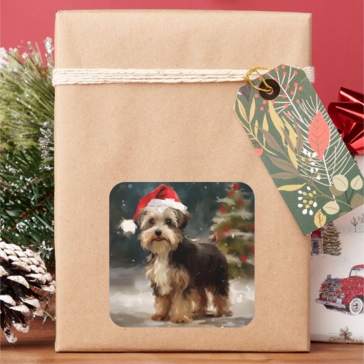 Biewer Terrier Dog in Schneehocht Quadratischer Aufkleber (Feiertag)