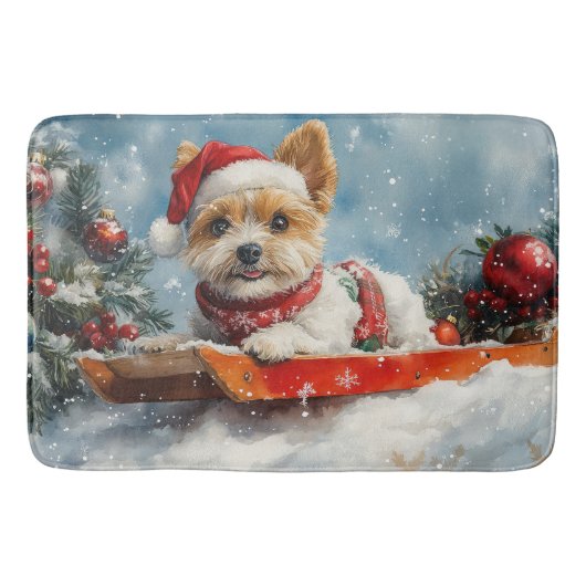 Biewer Terrier Dog in Sledge Let it Snow Christmas Badematte (Vorderseite)
