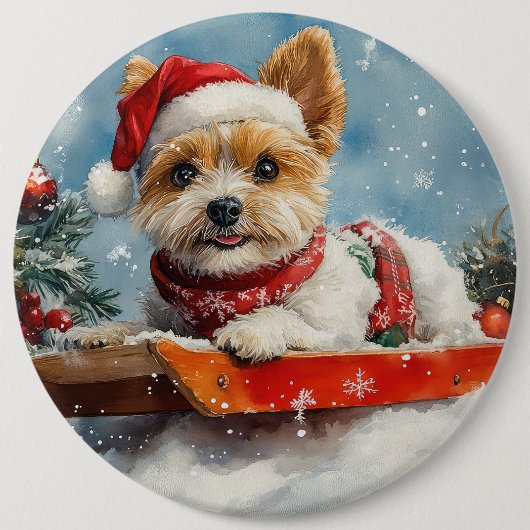 Biewer Terrier Dog in Sledge Let it Snow Christmas Button (Vorderseite)