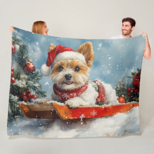 Biewer Terrier Dog in Sledge Let it Snow Christmas Fleecedecke