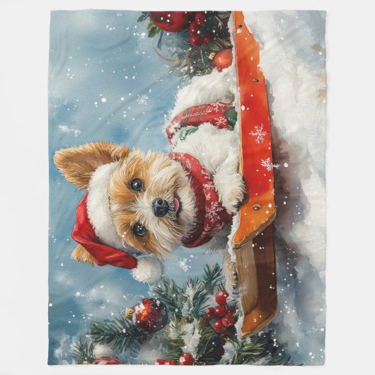 Biewer Terrier Dog in Sledge Let it Snow Christmas Fleecedecke (Vorderseite)