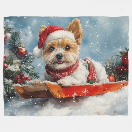 Biewer Terrier Dog in Sledge Let it Snow Christmas Fleecedecke (Vorderseite (Horizontal))