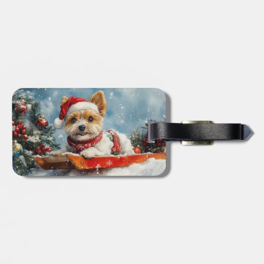 Biewer Terrier Dog in Sledge Let it Snow Christmas Gepäckanhänger (Rückseite horizontal)