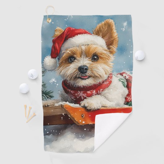 Biewer Terrier Dog in Sledge Let it Snow Christmas Golfhandtuch (Insitu)
