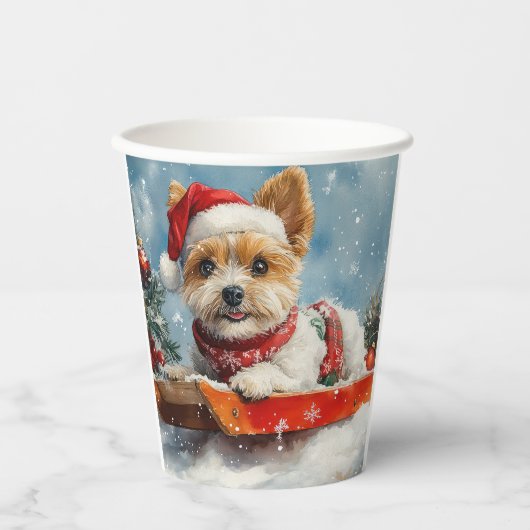 Biewer Terrier Dog in Sledge Let it Snow Christmas Pappbecher (Vorderseite)