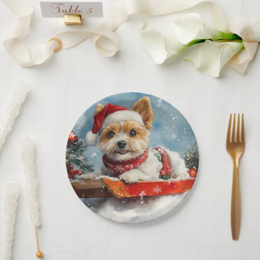 Biewer Terrier Dog in Sledge Let it Snow Christmas Pappteller (Hochzeit)