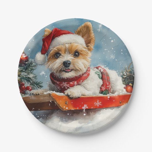 Biewer Terrier Dog in Sledge Let it Snow Christmas Pappteller (Vorderseite)