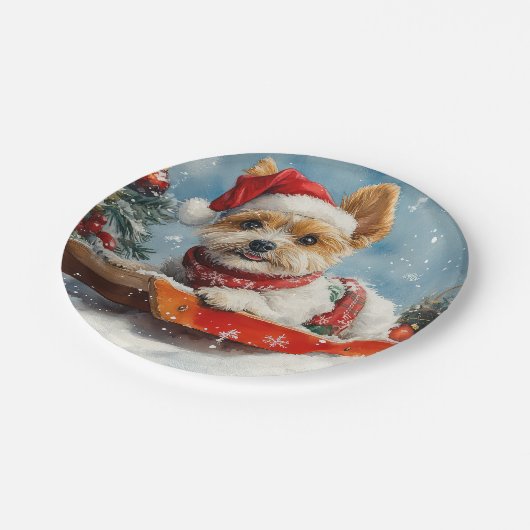 Biewer Terrier Dog in Sledge Let it Snow Christmas Pappteller (Schrägansicht)