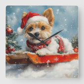 Biewer Terrier Dog in Sledge Let it Snow Christmas Quadratische Wanduhr (Vorderseite)