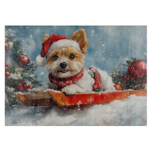 Biewer Terrier Dog in Sledge Let it Snow Christmas Schneidebrett (Vorderseite)