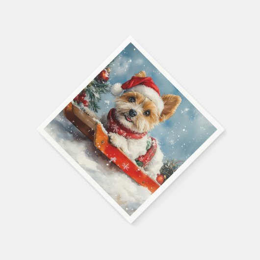 Biewer Terrier Dog in Sledge Let it Snow Christmas Serviette (Ecke)