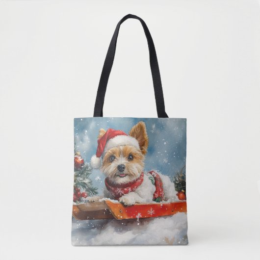 Biewer Terrier Dog in Sledge Let it Snow Christmas Tasche (Vorderseite)